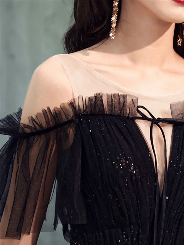 Это YiiYa вечернее платье с вырезом лодочкой блестящее черное фомальное светоотражающее платье модные плиссированные тюлевые кружевные Длинные вечерние платья E010