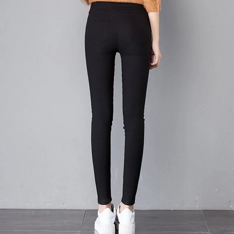 Черные модные леггинсы Jegging Новое поступление женские леггинсы с карманами на пуговицах длинные хлопковые брюки облегающие Женские леггинсы