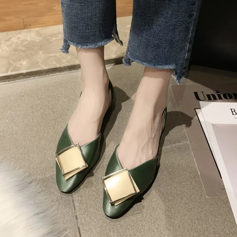 

New 2020 Spring Fashion Women's Square Shape Metal Buckle Flat Shoes Soft Leather Shallow Mouth Woman Ballet Flats Loafer J15-66