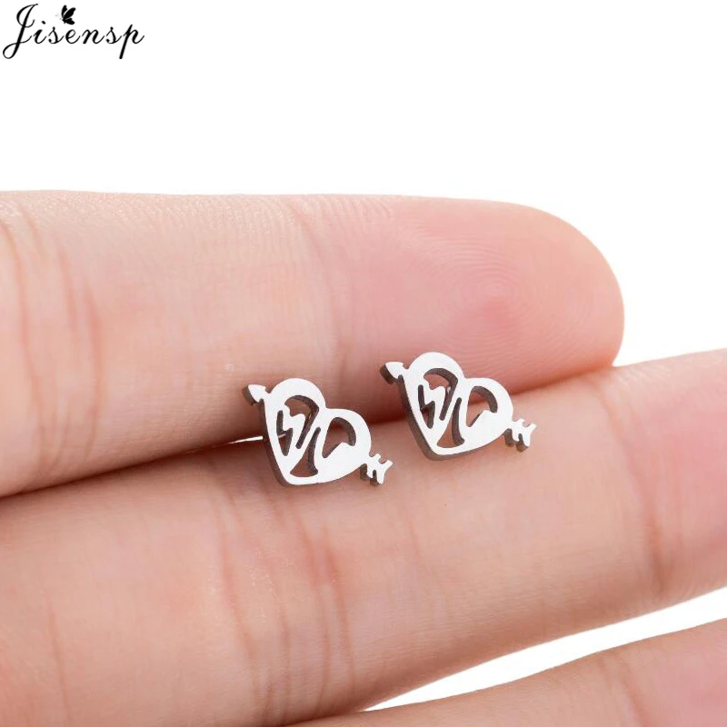 Jisensp Trendy Heart Arrow Stainless Steel Earrings for Women Girls Unique Heartbeat Stud Earrings Fashion Jewelry Gift