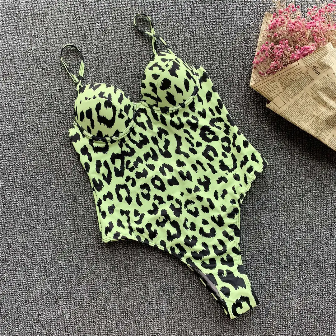 Green Leopard Сексуальный цельный купальник с пуш-ап, 6 цветов, женская одежда для плавания, женский купальный костюм с бюстгальтером, купальник, монокини для женщин V1738 - Цвет: Green Leopard