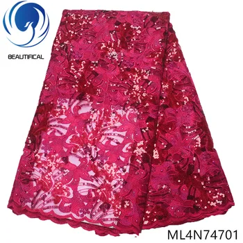 

BEAUTIFICAL nigerian lace fabrics High quality embroidery sequins tulle lace fabric with beads african net lace stones ML4N747