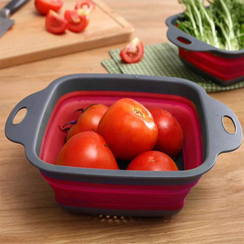 

2pcs/set Square Draining Basket Collapsible Colander Silicone Kitchen Storage Bag Fruit and Vegetable Basket Folding Filter