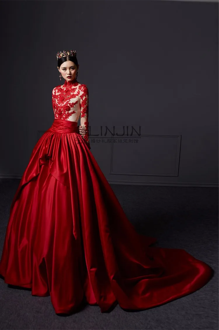 Новые пикантные с высоким воротником и красным шаром vestidos de festa Длинные рукава вечернее платье с кружевной аппликацией элегантное платье, платье на выпускной, платья