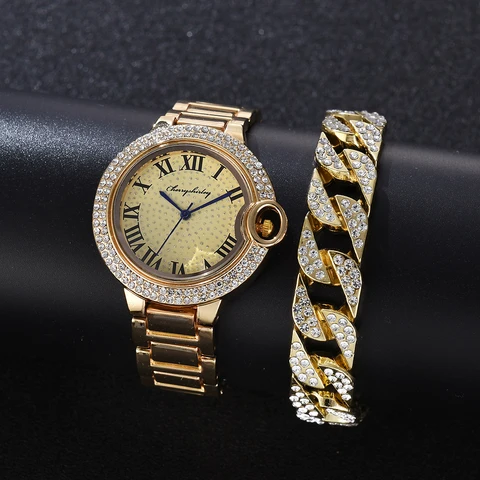 Brand Luxury Diamond Men's Watch Bracelet Set Stainless Steel Gold Clock Sports Watches Men Quartz Watches Relogio Masculino