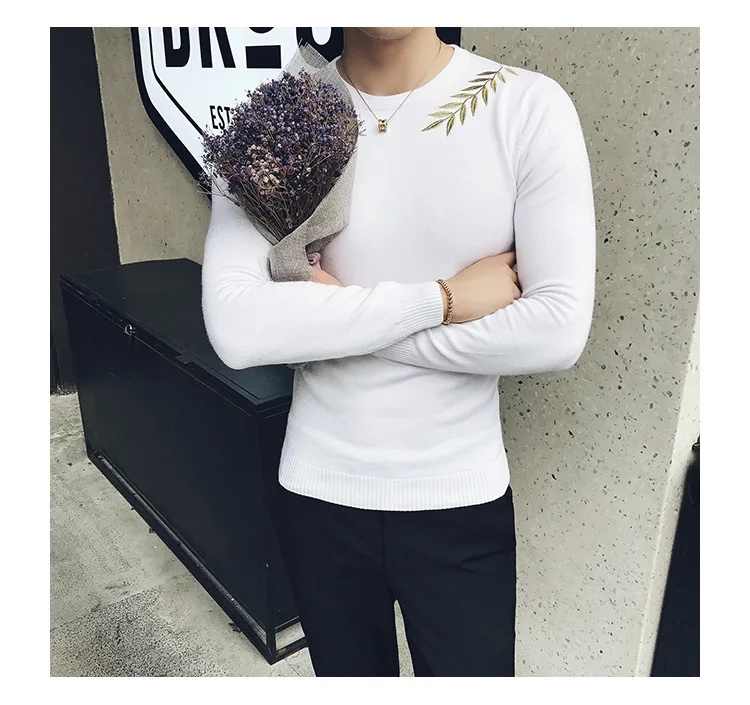 Embroidery Male Sweaters For Men Camisolas Homens Black White Grey Brown Stylish Slim Fit Elegant Sweater Hombre Kazak Erkek