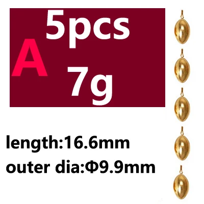 5pcs A type 7g 5pcs Saltwater Fishing Bullet Shape Copper Weights Metal Jig Head Deep Water Sinkers For Hook Lure Texas Rig Tackle Accessories - Цвет: 5pcs A type 7g