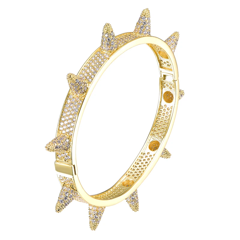 Золотой цвет US7 Iced Out Bling кубический циркон золото серебро браслеты с заклепками браслеты с шипами подарки для мужчин женщин хип-хоп ювелирные изделия - Окраска металла: Золотой цвет