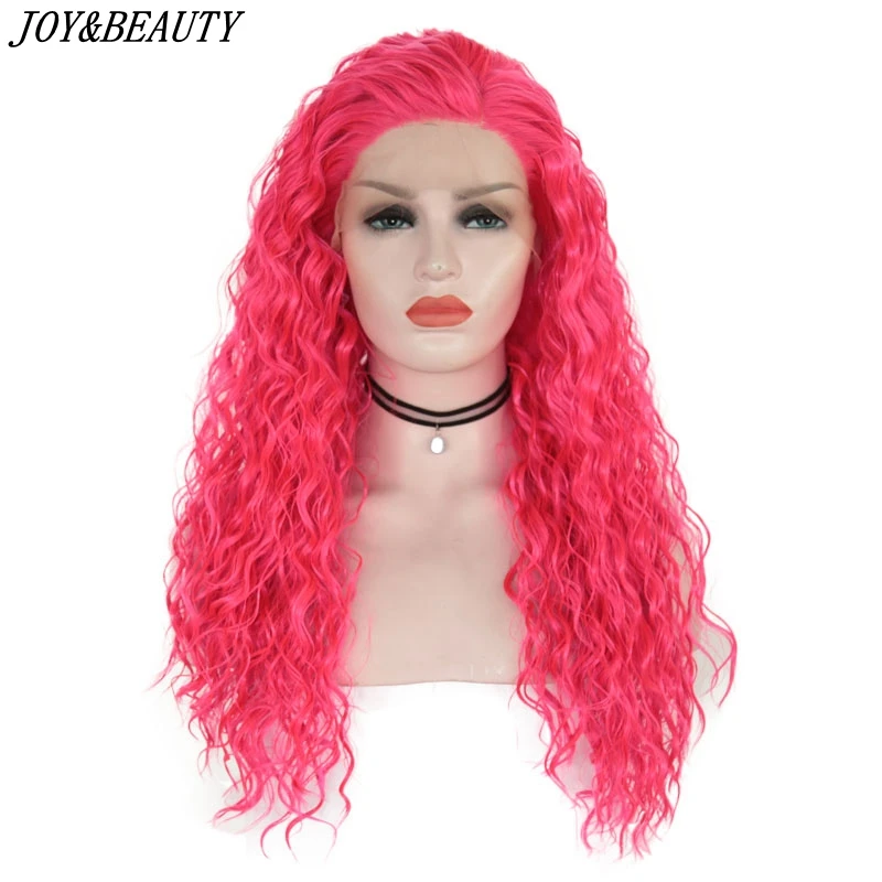 

JOY&BEAUTY 24" Long Lace Wig Kinky Curly Type Heat Resistant Hair Rose Red Color Women Daily Makeup Synthetic Lace Front Wigs