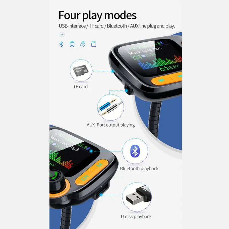 1 шт., автомобильный Bluetooth 5,0 плеер, функция громкой связи с функцией fm-передатчика, определение напряжения, умное быстрое зарядное устройство