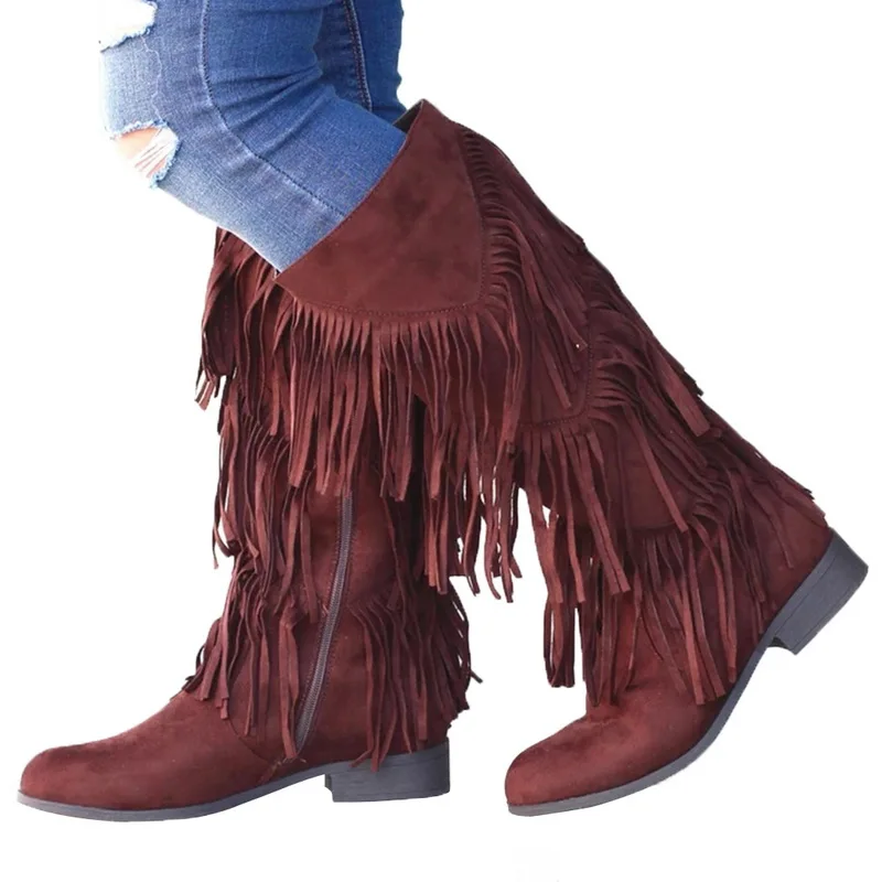 Litthing Boho/модные женские сапоги из флока; высокие сапоги с бахромой на Плоском Каблуке; женские сапоги до колена с бахромой; Размеры 35-43 - Цвет: Brown 1