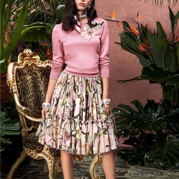

Autumn 2019 Runway Designer Women Sweater Elegant O Neck Long Sleeve 3D Flower Floral Casual Sweater Sweet Pink White Sweater