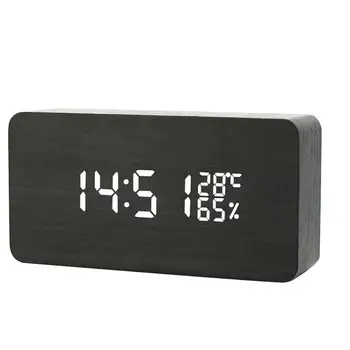

LED Square Bedside Small Alarm Clock Innovative Gift Wooden Clock Voice Control LED Electric Clock Mini Square Alarm Clock