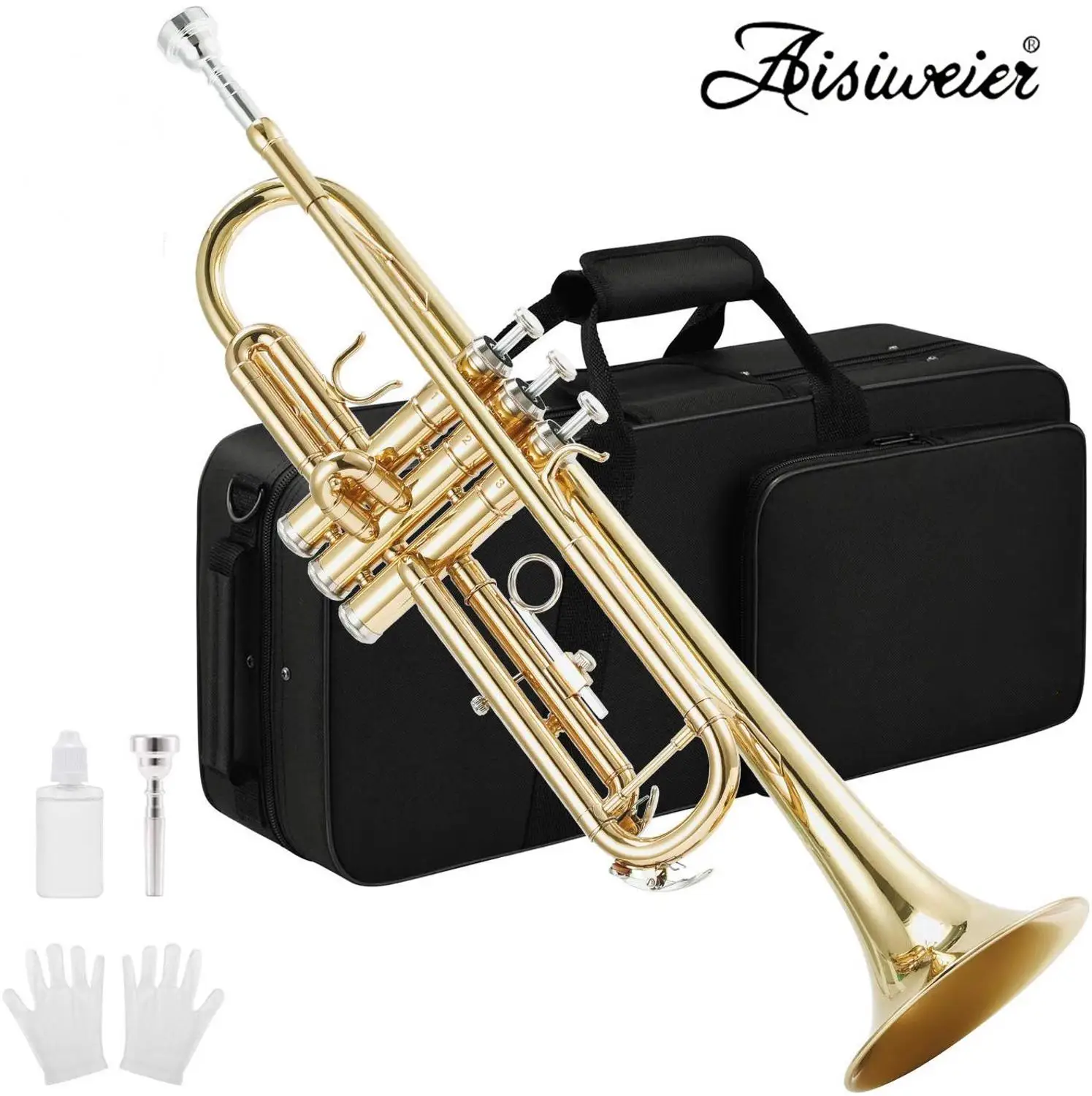Aisiweier Gold Trumpet Brass ATR-380 Standard Bb Trumpet Set For Student Beginner With Hard Case,Gloves, 7 C Mouthpiece,