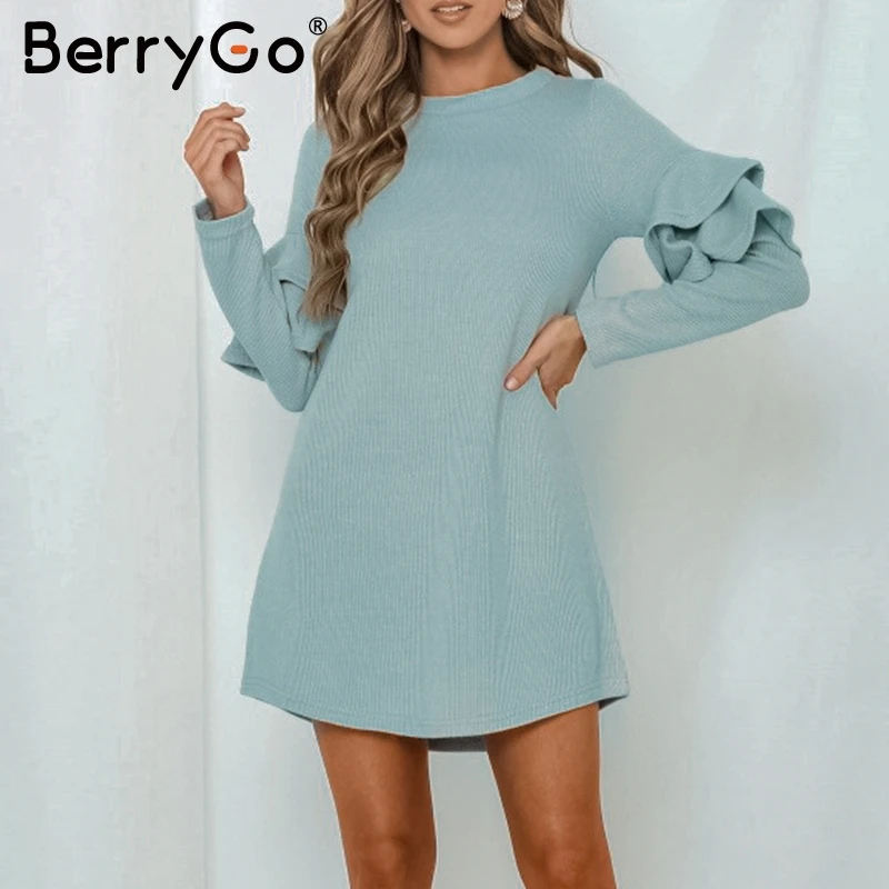 BerryGo Элегантное трикотажное мини-платье с оборками женское однотонное тонкое вечернее платье с круглым вырезом осенне-зимнее женское платье с длинным рукавом для работы
