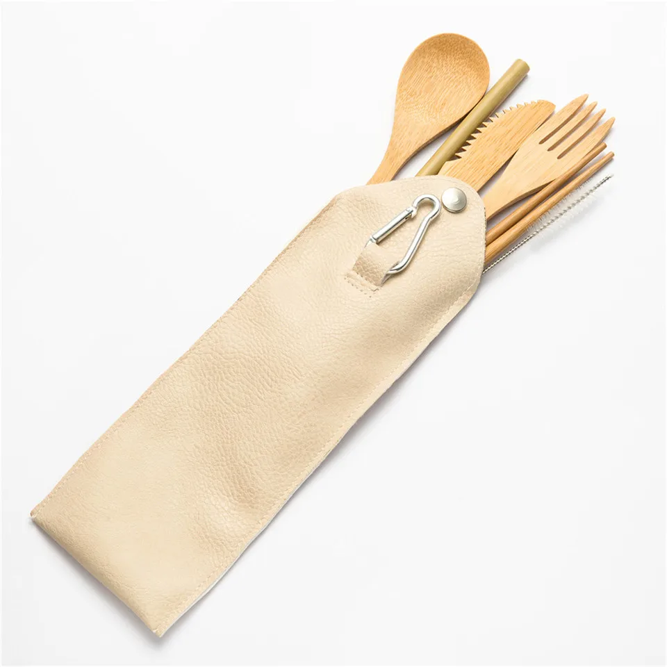 Многоразовый набор деревянных столовых приборов вилка ложка нож и зубная щетка палочки для еды со столовыми принадлежностями сумка бамбуковая Соломка для путешествия Кемпинг на открытом воздухе