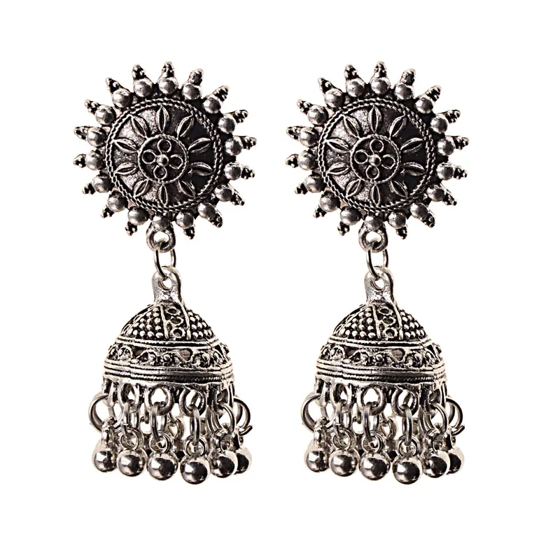 Этнические полые серьги в виде цветка, турецкие серьги Jhumka для женщин, винтажные индийские ювелирные изделия, серебряные висячие серьги-колокольчики с кисточкой - Окраска металла: 060-4