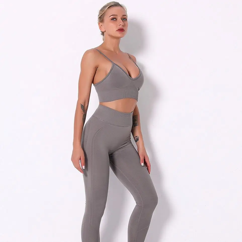 2 Pieces Suit Set Sexy Sportswear V Bra Fitness High Waist Seamless Leggins Grils Gym Clothing for Woman Trainning pants Fashion |