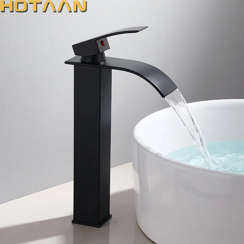 Waterfall Brass Basin Faucet Deck Mounted Single Lever Single Hole Cold&Hot Bathroom Mixer Black Plated