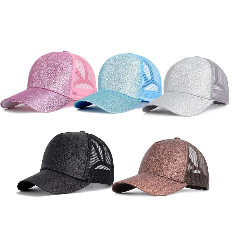 

2019 Glitter Ponytail Baseball Cap Women Snapback Dad Hat Mesh Trucker Caps Messy Bun Summer Hat Female Adjustable Hip Hop Hats