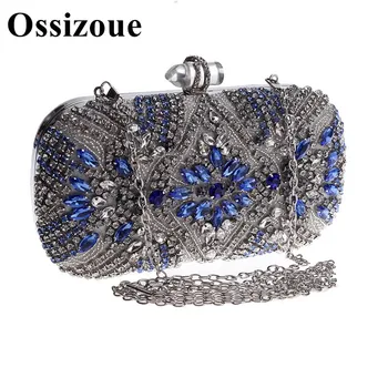 

Vintage Women Silver Beaded Evening Clutch Bags Blue Crystal Ladies Box Metal Clutches Wedding Cocktail Party Handbags Purses