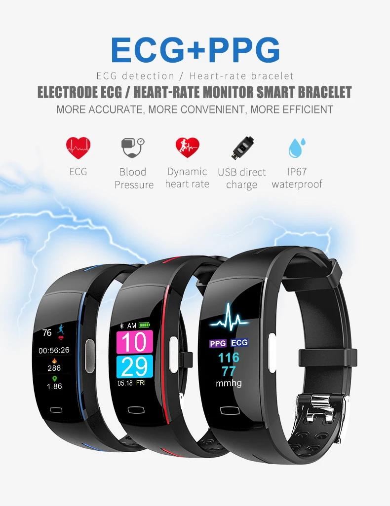 2018 P3Plus blood pressure wrist band heart rate monitor PPG ECG smart bracelet Activit fitness tracker intelligent wristband (1)