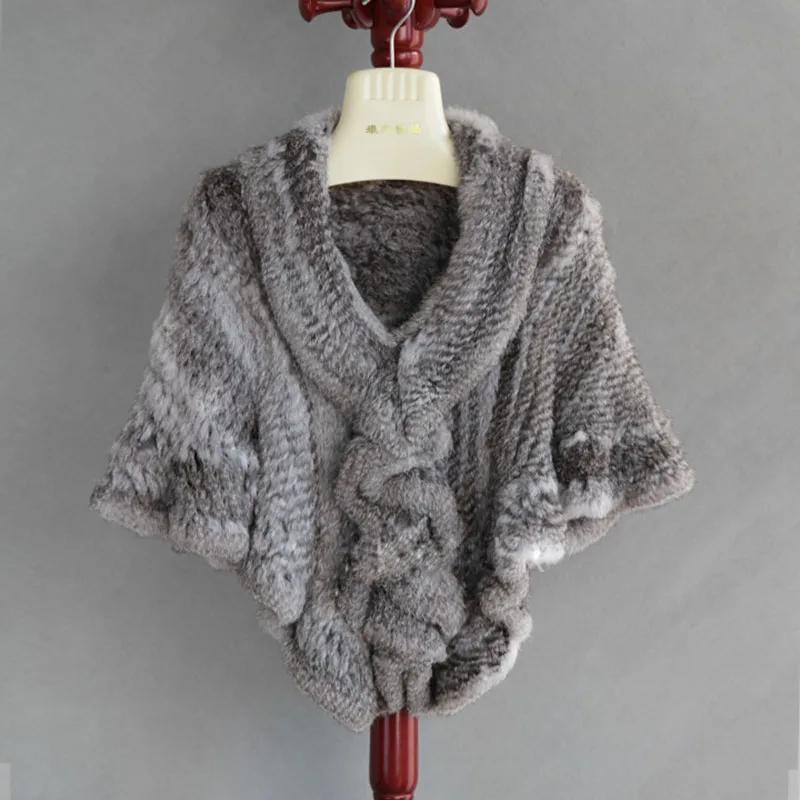Warm Female New Knitted Rabbit Fur Shawl Winter Soft Women Casual Fur Cape Luxury Thick Wrap Ladies Winter Shawl Genuine