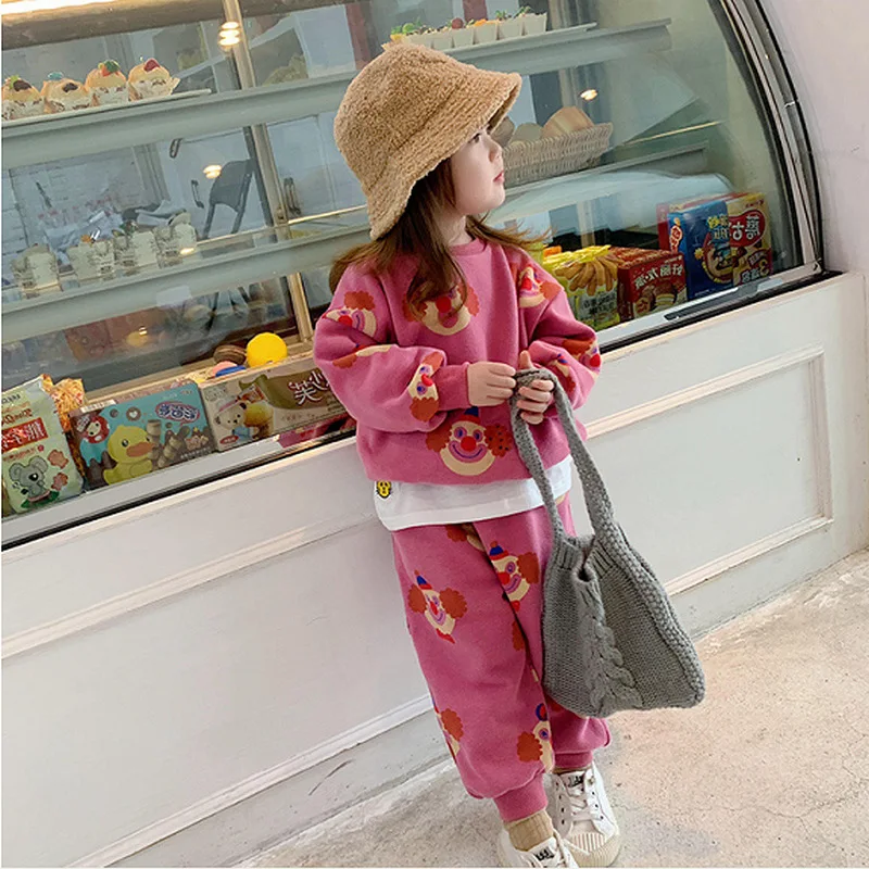winter new Baby Girl casual suit Velvet Inside Cartoon Printed jackets+Pants,girls kids 2pcs clothes sets Children wear