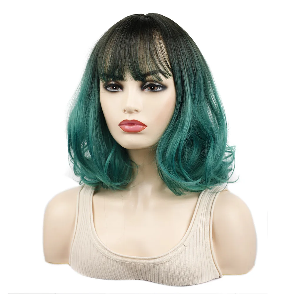 Jeedou Water Wave Short Hair Wig Black Dark Green Ombre Color Bob Haircut Whit Bangs Synthetic Modern Young Girl's Wigs