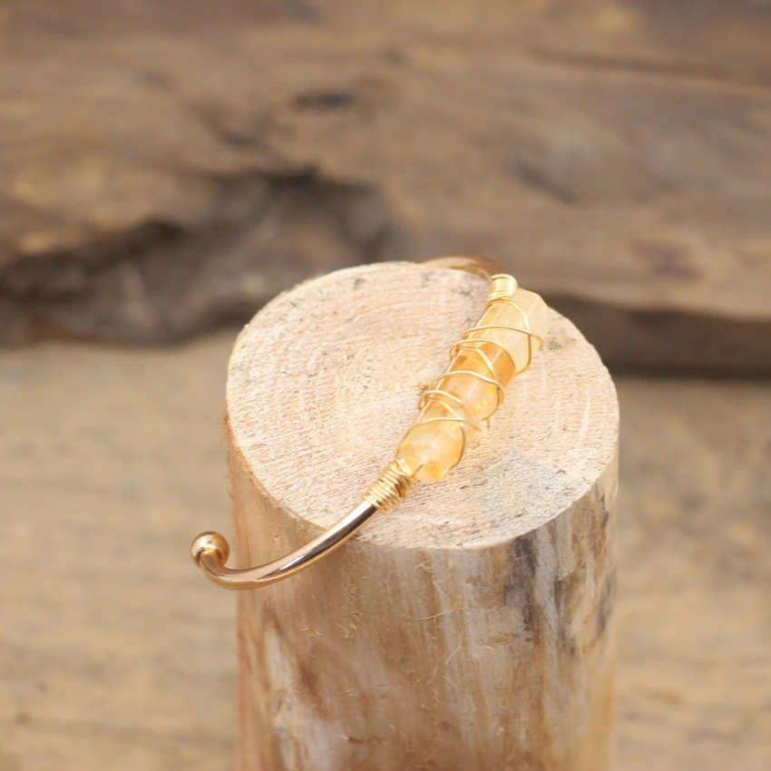 Raw Citrines Tube Beads Open Cuff Bangles Brass Wire Wrap Natural Yellow Crystal Quartz Bracelet Fashion Women Jewelry QC2072