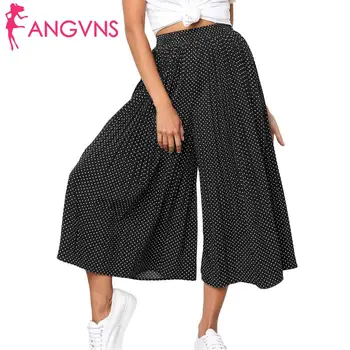 

New Fashion Women Wide Legs Dot Elastic Waist Summer Casual Calf Length Pants