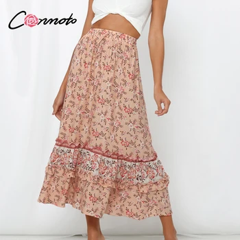 

Conmoto ruffles floral boho long skirts women high waist casual elastic wasit pink skirts summer 2020 holiday femme skirt