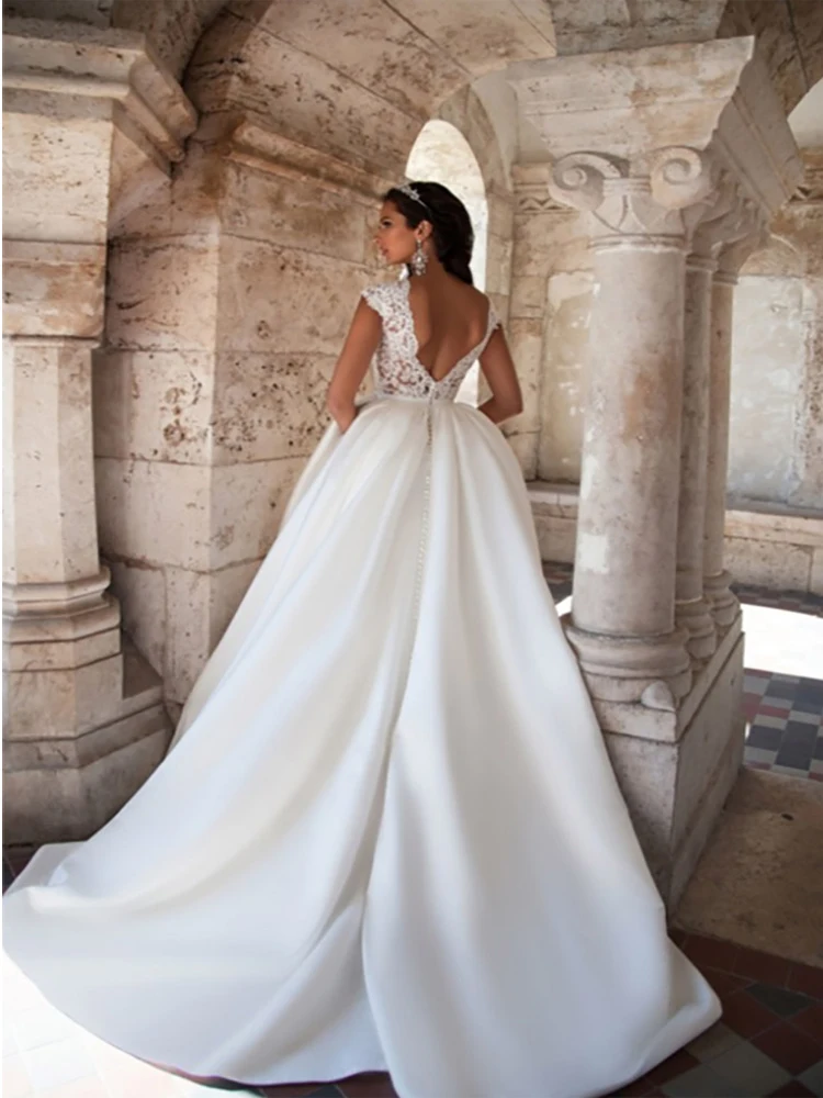 Princess Wedding Dress Short Sleeves 2020 Elegant Appliqued A-Line Bride Dresses With Pockets Boho Wedding Gown (2)
