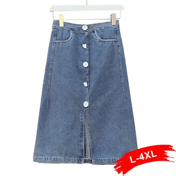 

Plus Size Pockets Patchs Design Buttons Up Back Zipper Knee Length Denim Skirts 4XL Summer Spring Front Split Mom Jeans Skirt