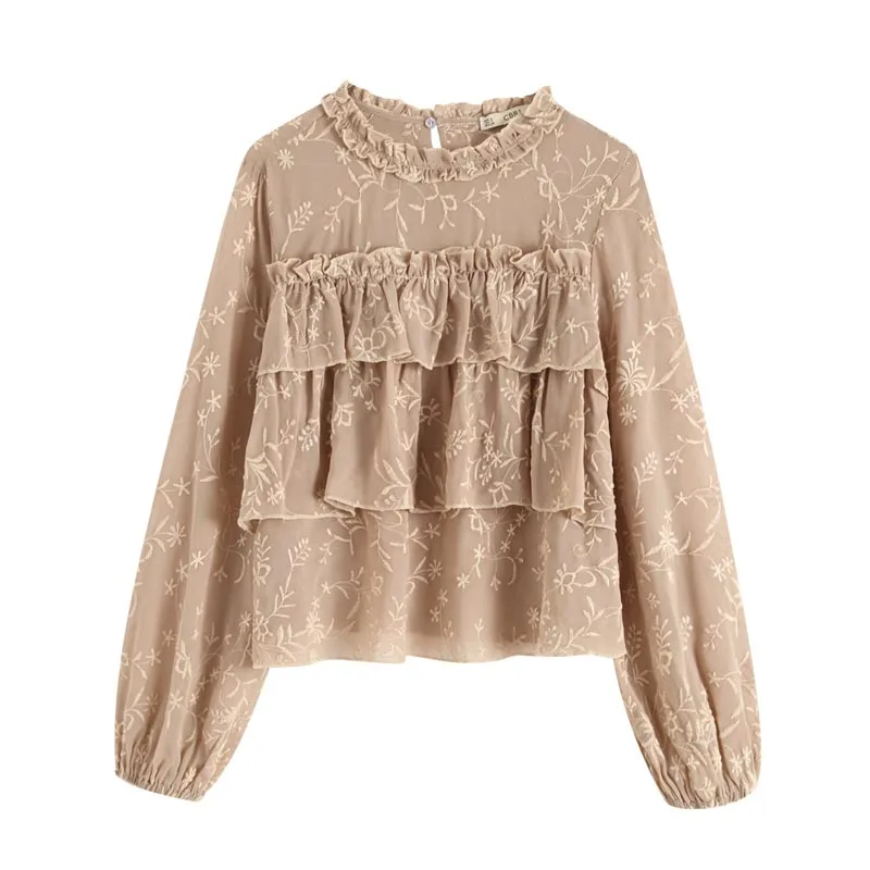 

CS961 European Design Pleated O Neck Double Layer Ruffles Long Sleeve Floral Embroidery Blouse