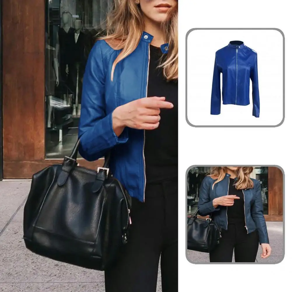 

Stand Collar Faux Leather Zipper Closure Women Jacket for Daily Wear
