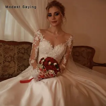 

Elegant Illusion Ball Gown Lace Wedding Dresses 2020 Lace Up Formal Women Ivory Long Sleeves Bridal Gowns Satin robe de mariee
