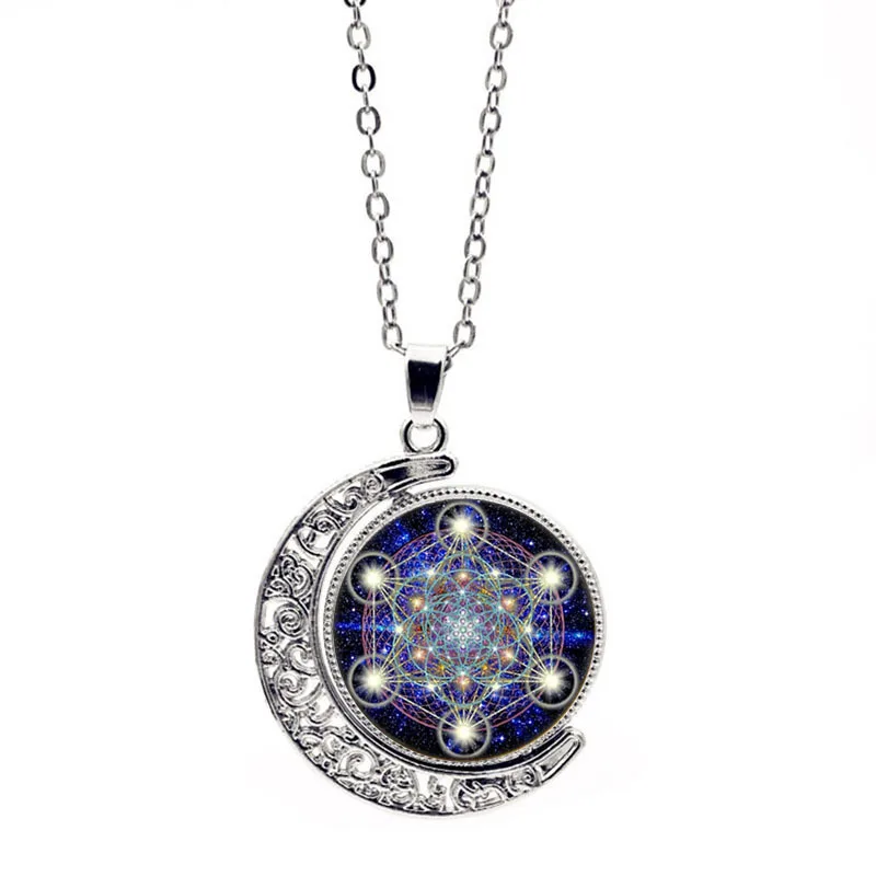 

Antique Bronze/Silver Filigree Crescent Moon Double-Sided Round Archangel Metatron Cubes Charm Pendant Necklace Jewelry