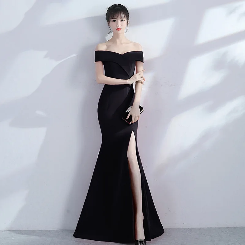 Современный без плеча Cheongsam черный Сплит Тонкий Qi Pao женское традиционное китайское вечернее китайское платье-Ципао Восточный Стиль Вечерние платья