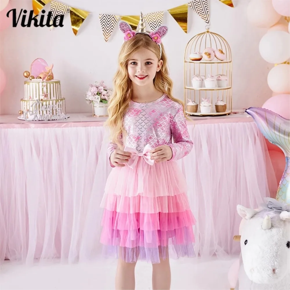 

VIKITA/платье-пачка с блестками для девочек; Бальное платье; Платье для танцев на день рождения; Многослойное элегантное праздничное платье пр...