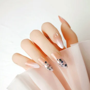 

24pcs Phototherapy Wearable Nail Paillette Diamond Decor Fake Nails High-end Pure Color Gradient Detachable Fingernails