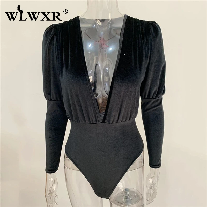 WLWXR, сексуальное Клубное бархатное боди для женщин, топы, обтягивающие, с длинным рукавом, бодикон, боди для женщин, Осень-зима, черный женский комбинезон