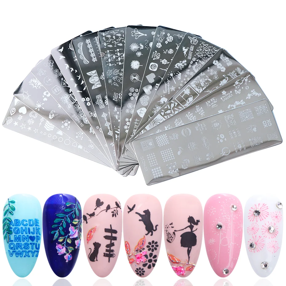 1pcs Nail Art Stamps Nail Stamping Plates Templates Letters Butterfly Leaves Cats Stars Gel Polish Manicure Stencils TRSTZH01-12