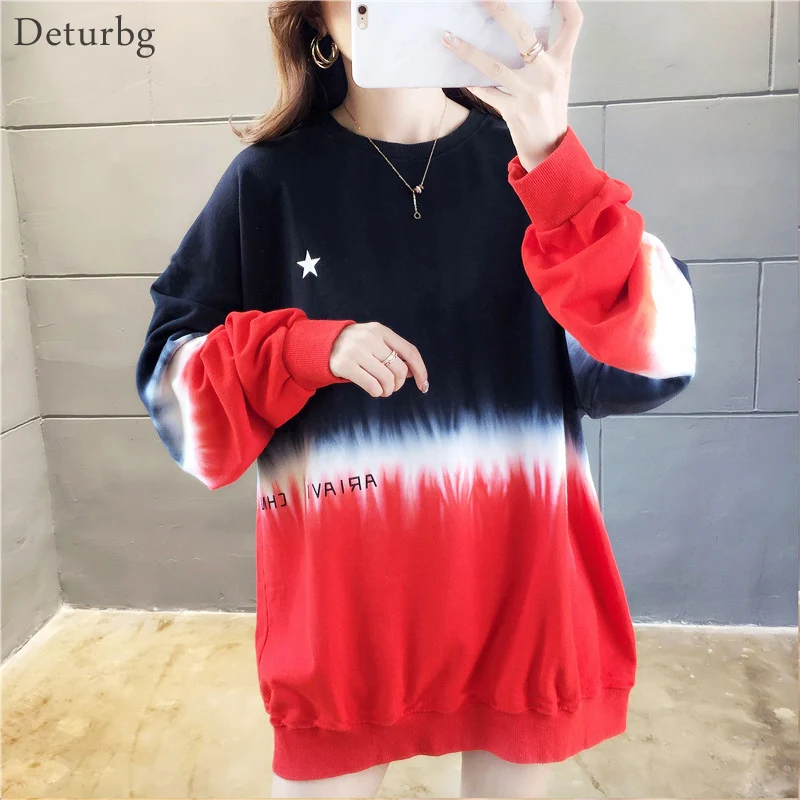

Women's Fashion Color Gradient Print Sweatshirt Female Long Sleeve O Neck Oversized Hoodie Red Pullover 2019 Autumn Clothes WY09