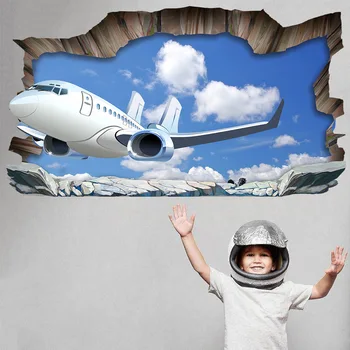 

3D Broken Wall Blue Sky and White Clouds Airplane Wall Stickers Living Room Children's Room Protection Decorative Painting