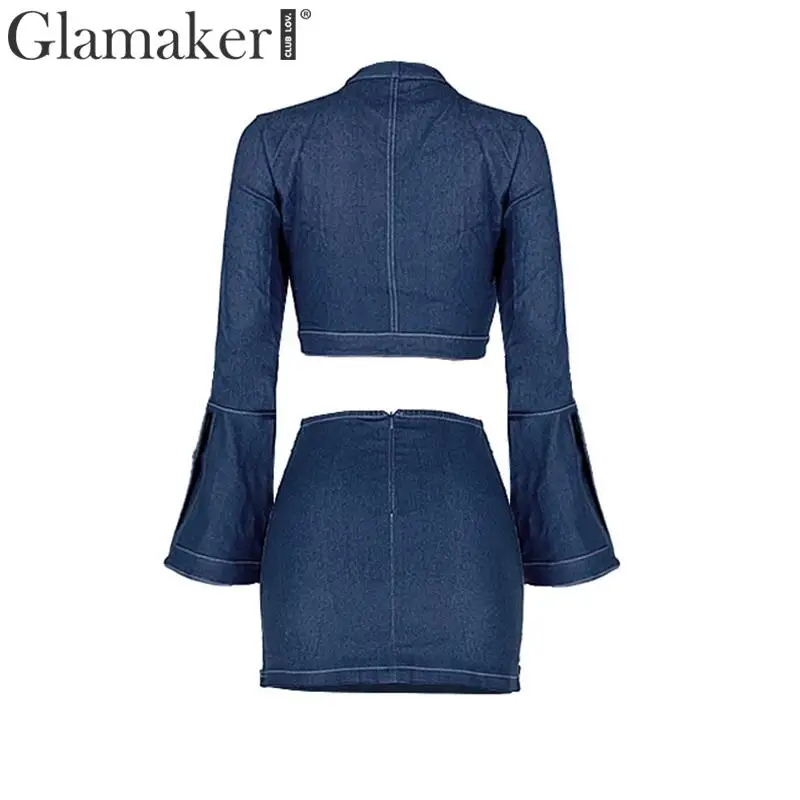 Glamaker комплект из двух предметов, короткое джинсовое платье с расклешенными рукавами, женское Синее джинсовое платье с высокой талией, сексуальное Клубное облегающее платье А-силуэта размера плюс