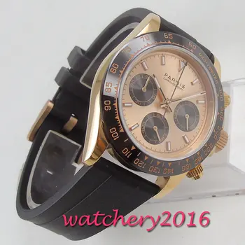 

new arrive 39mm PARNIS Rose dial quartz mens watch solid case full Chronograph