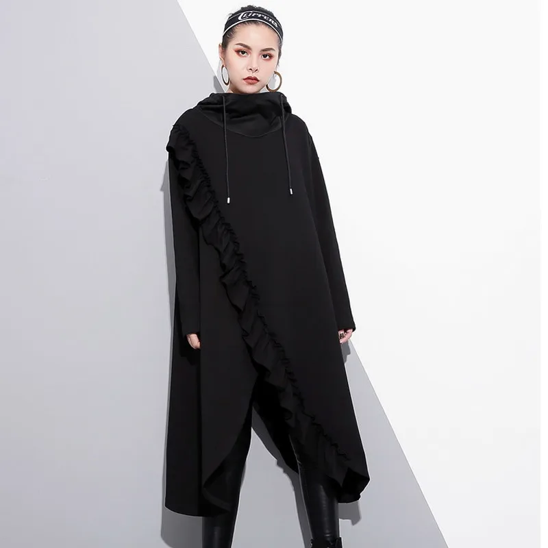 [EAM] женское Ассиметричное платье большого размера, новинка, с капюшоном, с воротником, с длинным рукавом, свободный крой, мода, весна-осень, 1A764 - Цвет: black