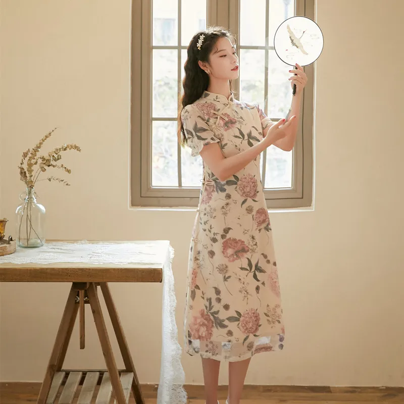 

Printed Improved Cheongsam Puff Sleeve Dress Qipao