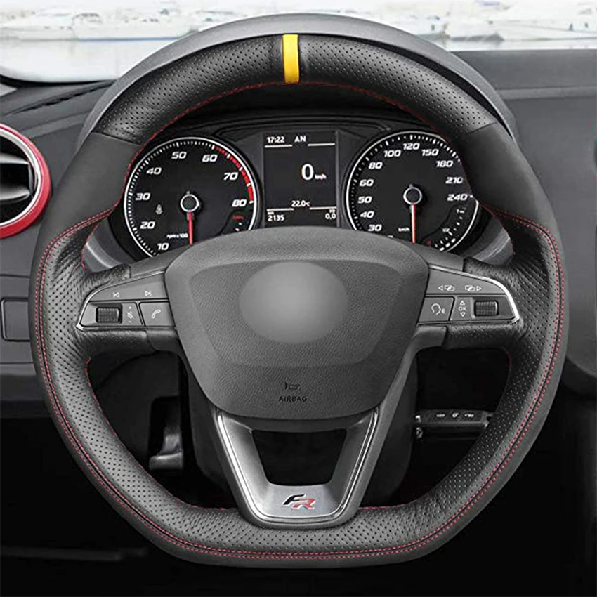Черный чехол на руль из натуральной кожи и замши для Seat Leon Cupra R 2013- Leon ST Cupra 2013- Ateca Cupra